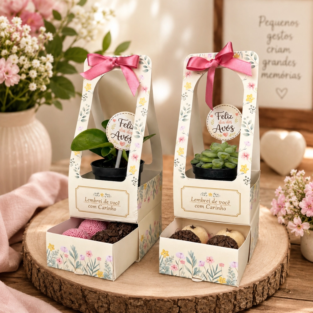 10 Cachepots para mini suculentas + 4 brigadeiros - Dia dos Avós