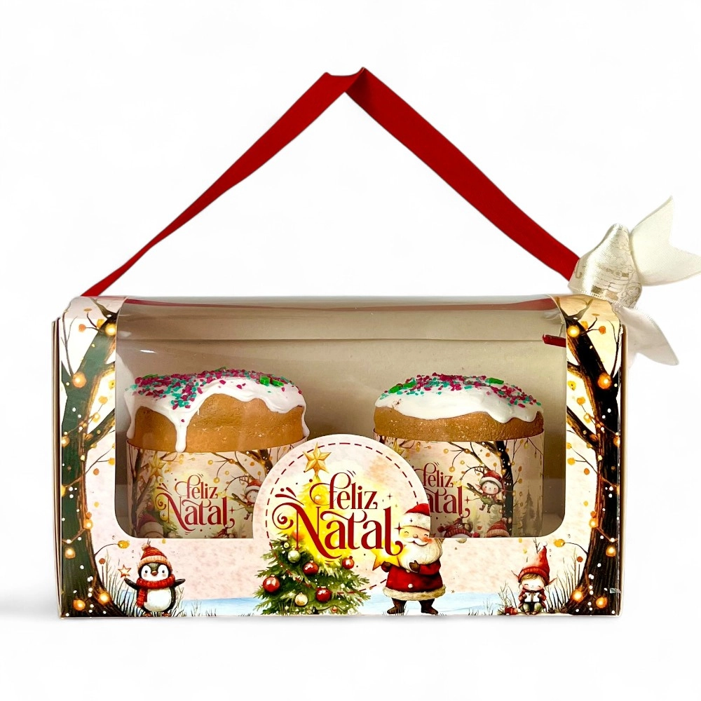10 Caixas para 2 panetones de 100g c/ alça - Coleção Vila do Noel - Natal 2025