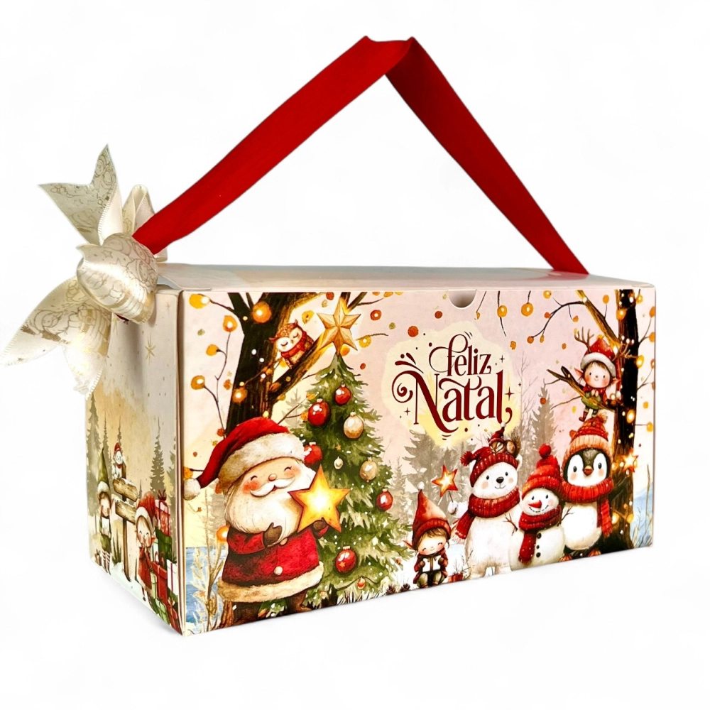 10 Caixas para 2 panetones de 100g c/ alça - Coleção Vila do Noel - Natal 2025