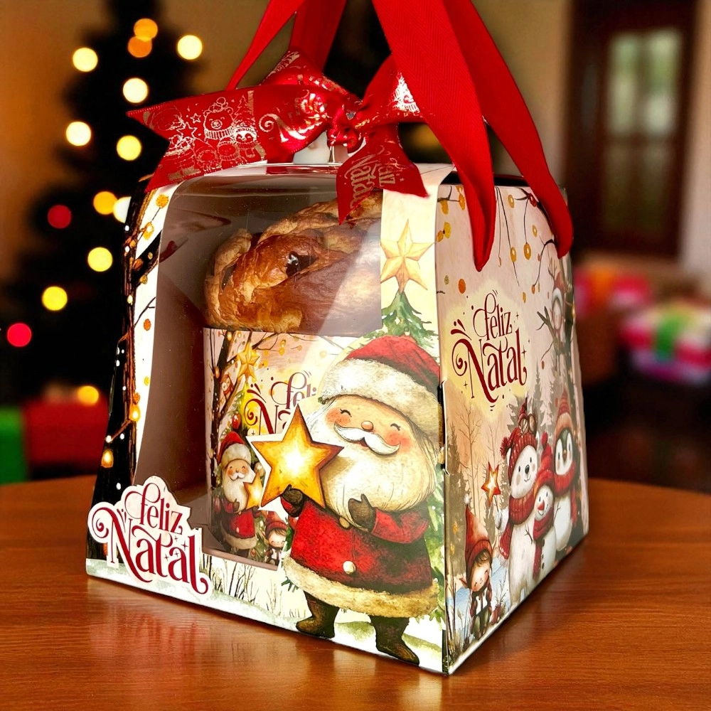 10 Caixas para Panetone de 500g com alça - Coleção Vila do Noel - Natal 2025