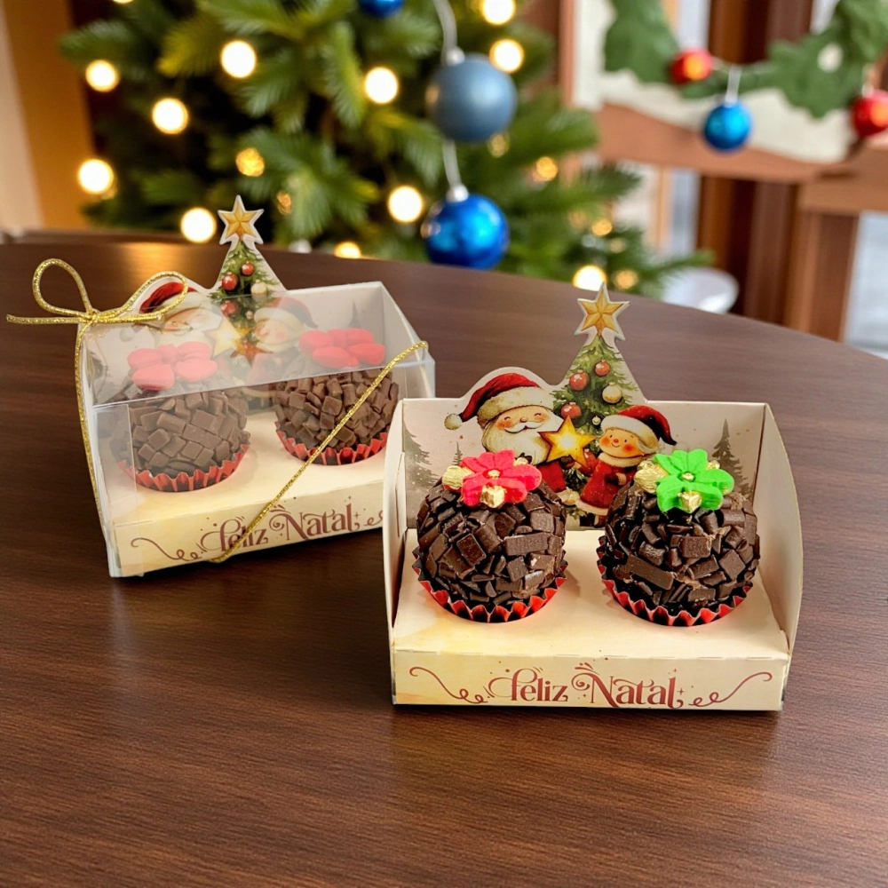10 Caixas Vitrine para 2 brigadeiros - Coleção Vila do Noel - Natal 2025