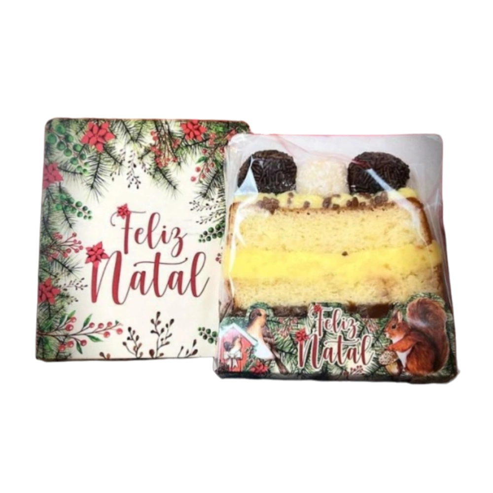 10 Emb. Completas para Slice Cake: Base + Papel Barreira + Celofane - Coleção Encantos do Natal