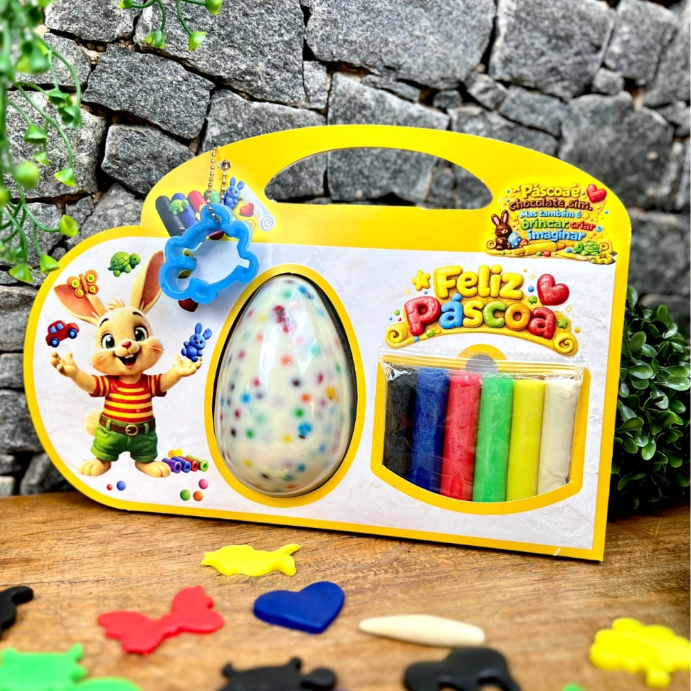 10 Embalagens Coelho Mão na Massa com Blister Ovo 150g + Massinhas