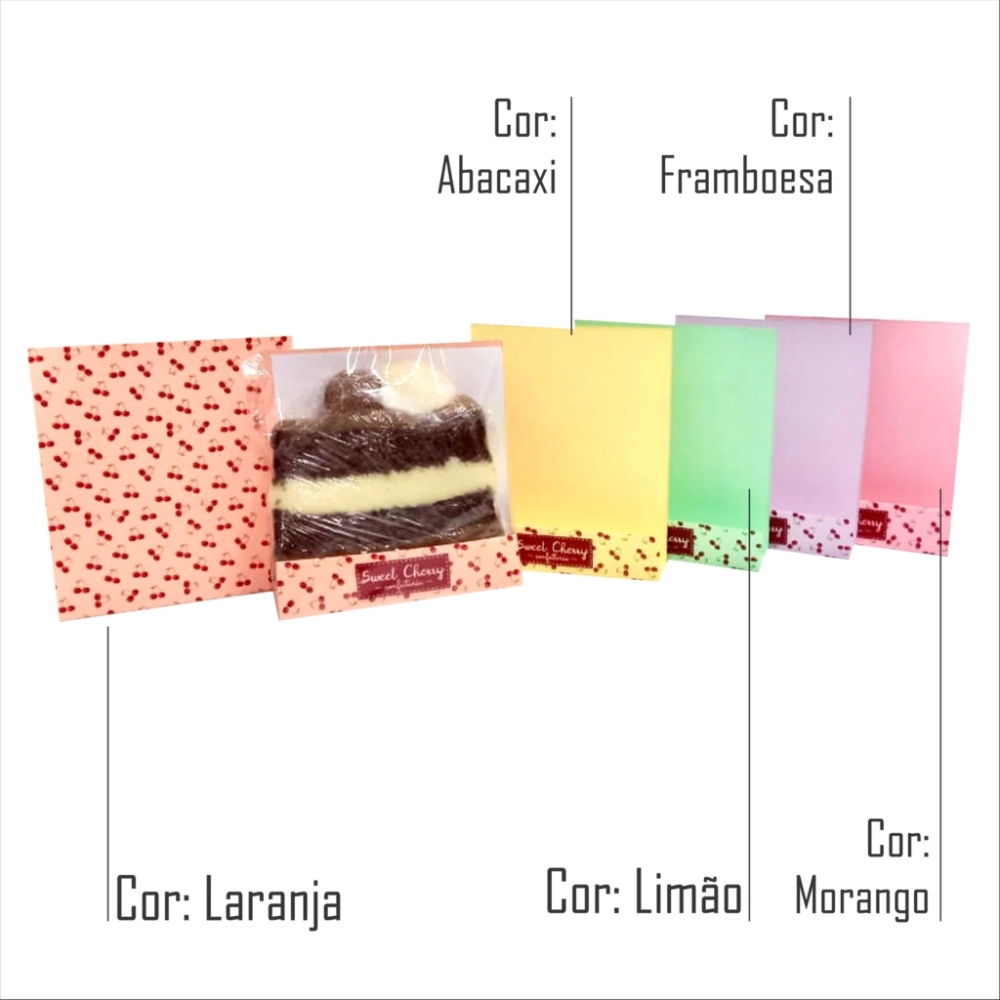 100 Emb. p/ Slice Cake: Base + Papel Barreira + Celofane - Candy Color - Personalizada (sob papel Candy Color)