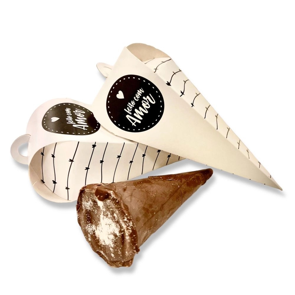 50 Embalagens para Cone Trufado - Coleção Feito com Amor - Branco ou Kraft