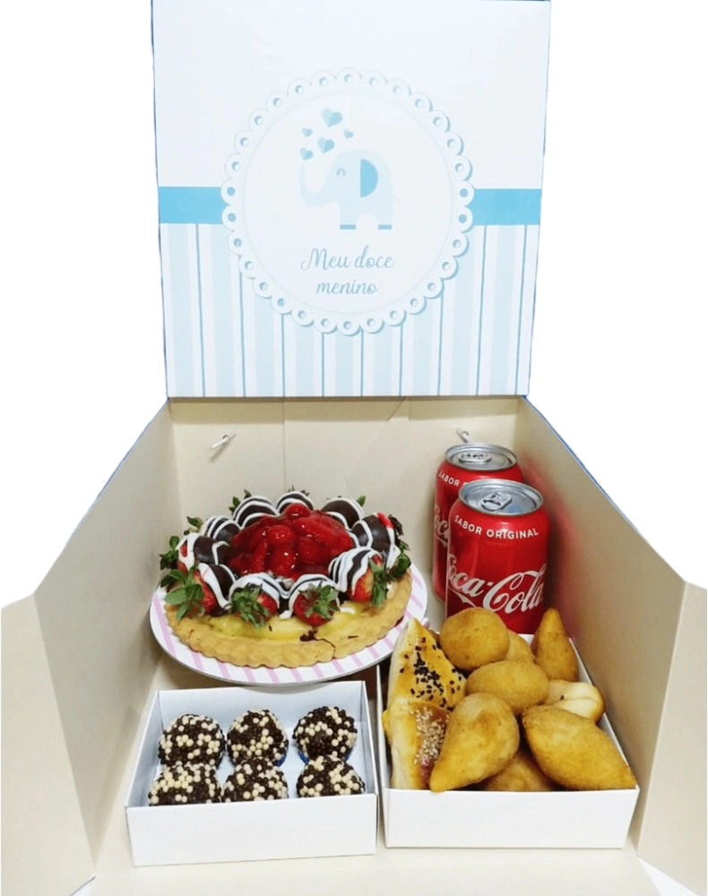 1 Caixa para Bolo ou Festa na Caixa 27x27x16 com alça em gorgurão - Meu Doce Menino