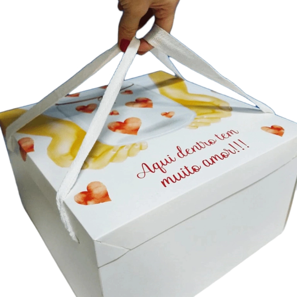 1 Caixa para Bolo ou Festa na Caixa 27x27x16 com alça em gorgurão - Pote de amor