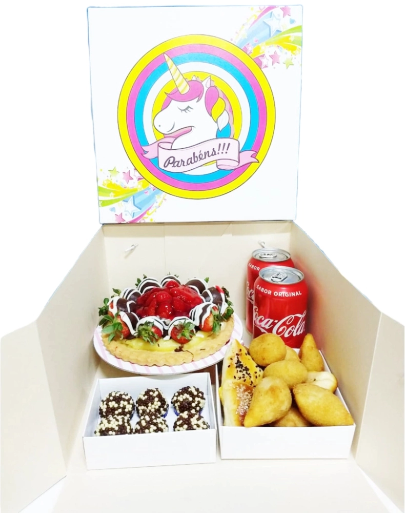 1 Caixa para Bolo ou Festa na Caixa 27x27x16 com alça em gorgurão - Unicórnio