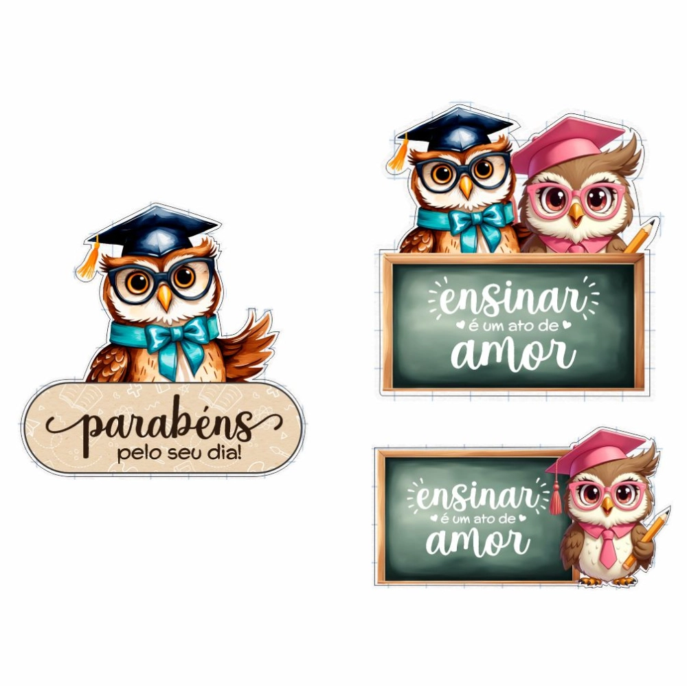 Cartela com 50 Adesivos - Dia dos Professores - Coleção CORUJAS