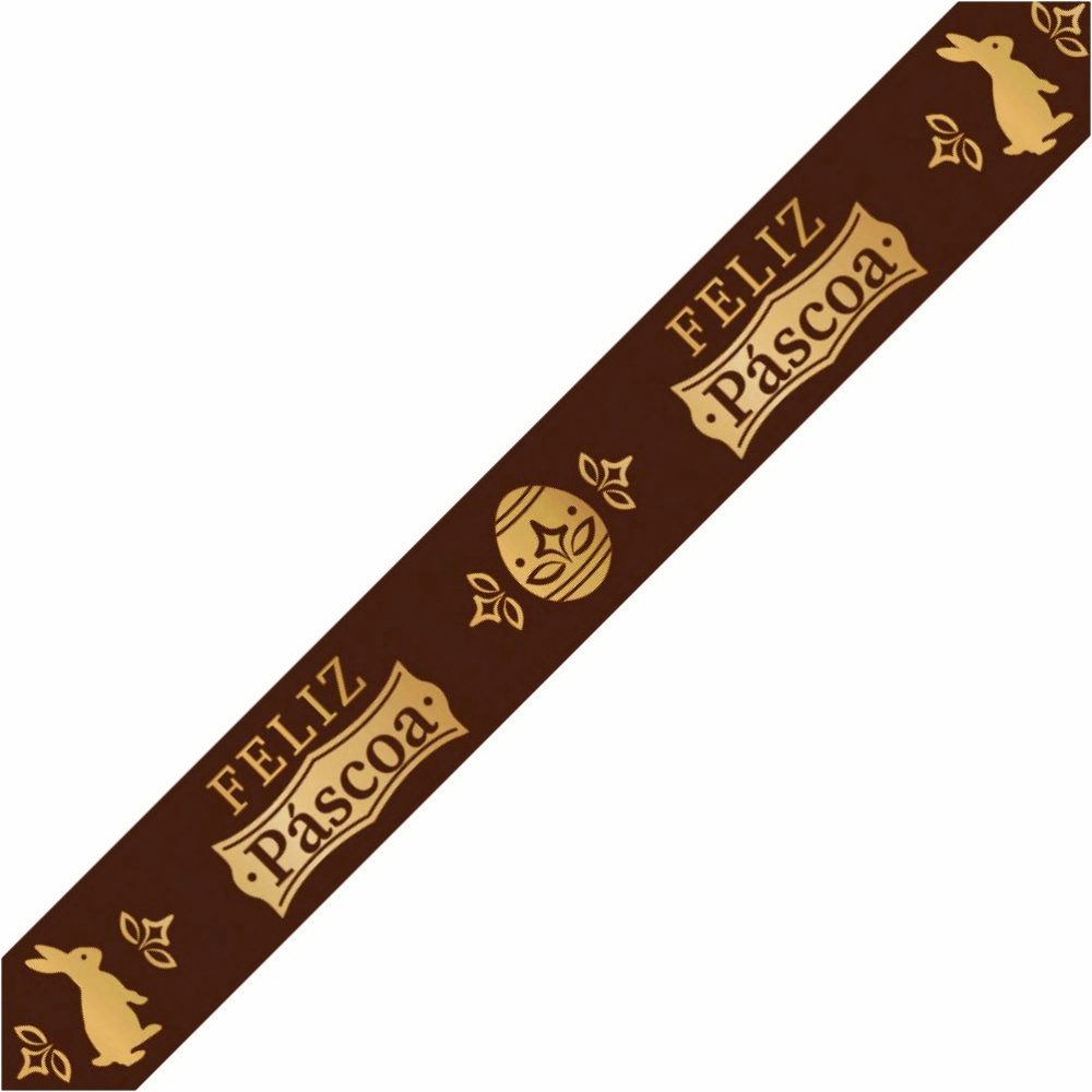 1 Fita de cetim 22mm - Feliz Páscoa Marrom com escrita em dourado