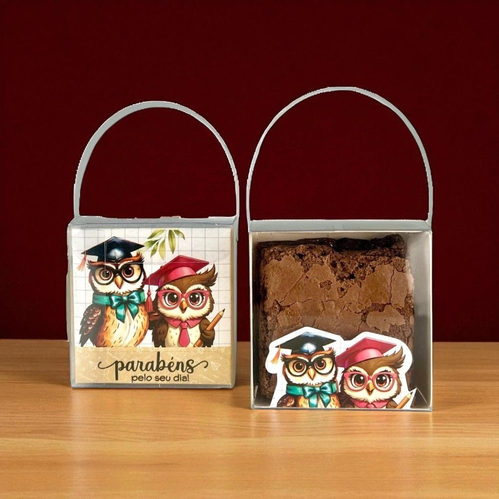 10 Caixas em PVC para 1 Brownie ou Pão de Mel - Dia dos Professores 2025 - Coleção CORUJAS