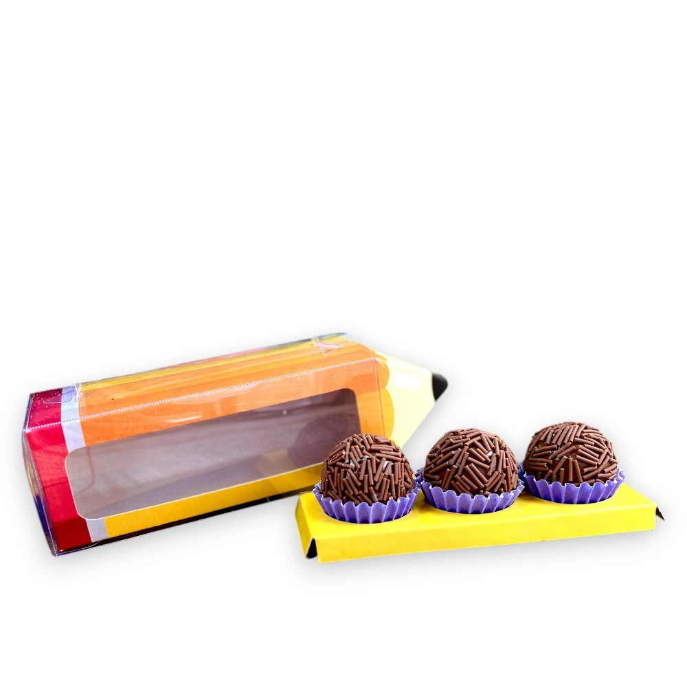 10 Caixas LÁPIS p/ 3 brigadeiros - Suporte em PVC com alcinha  - Dia dos Professores 2025