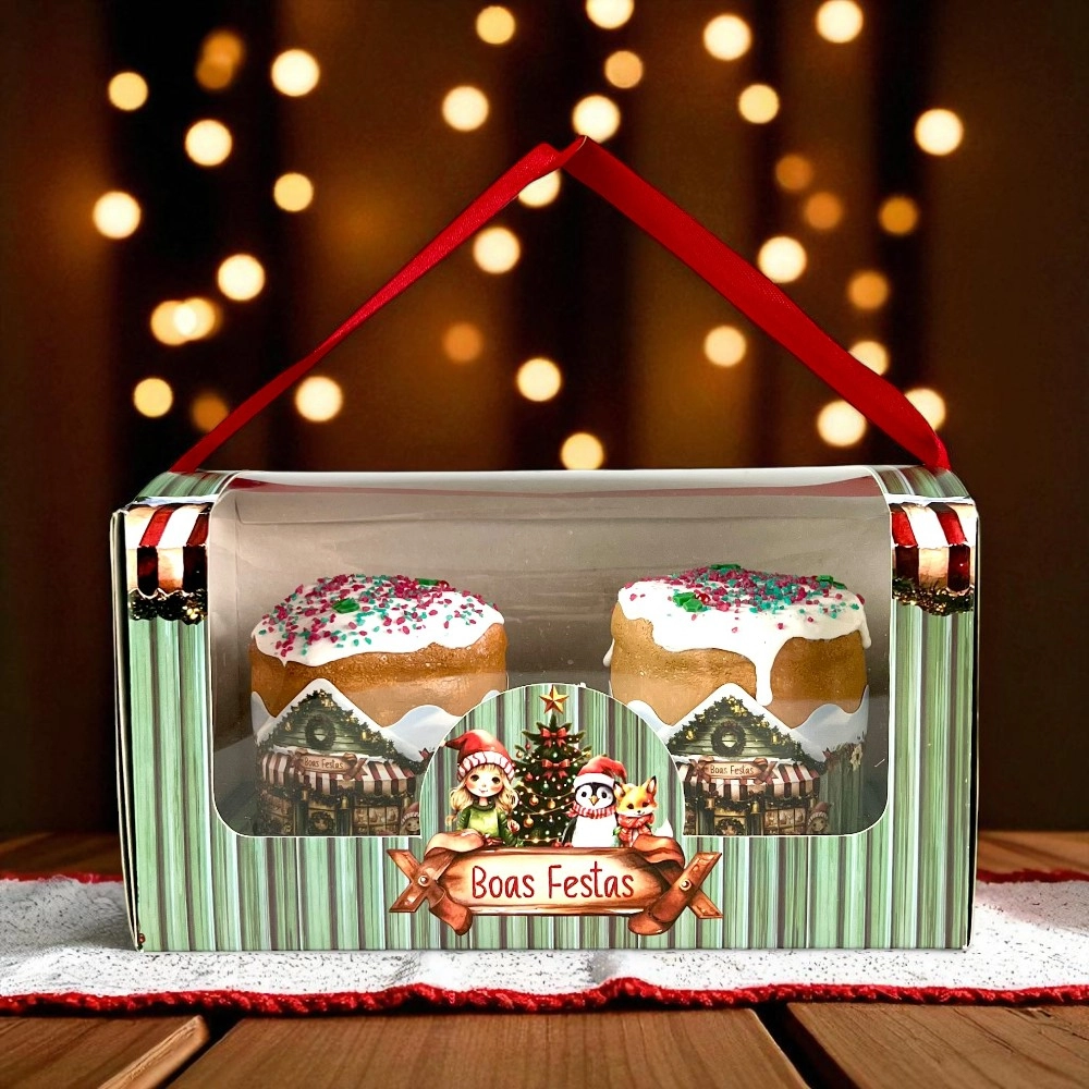 10 Caixas para 2 panetones de 100g c/ alça - Coleção A Magia do Natal - Natal 2025