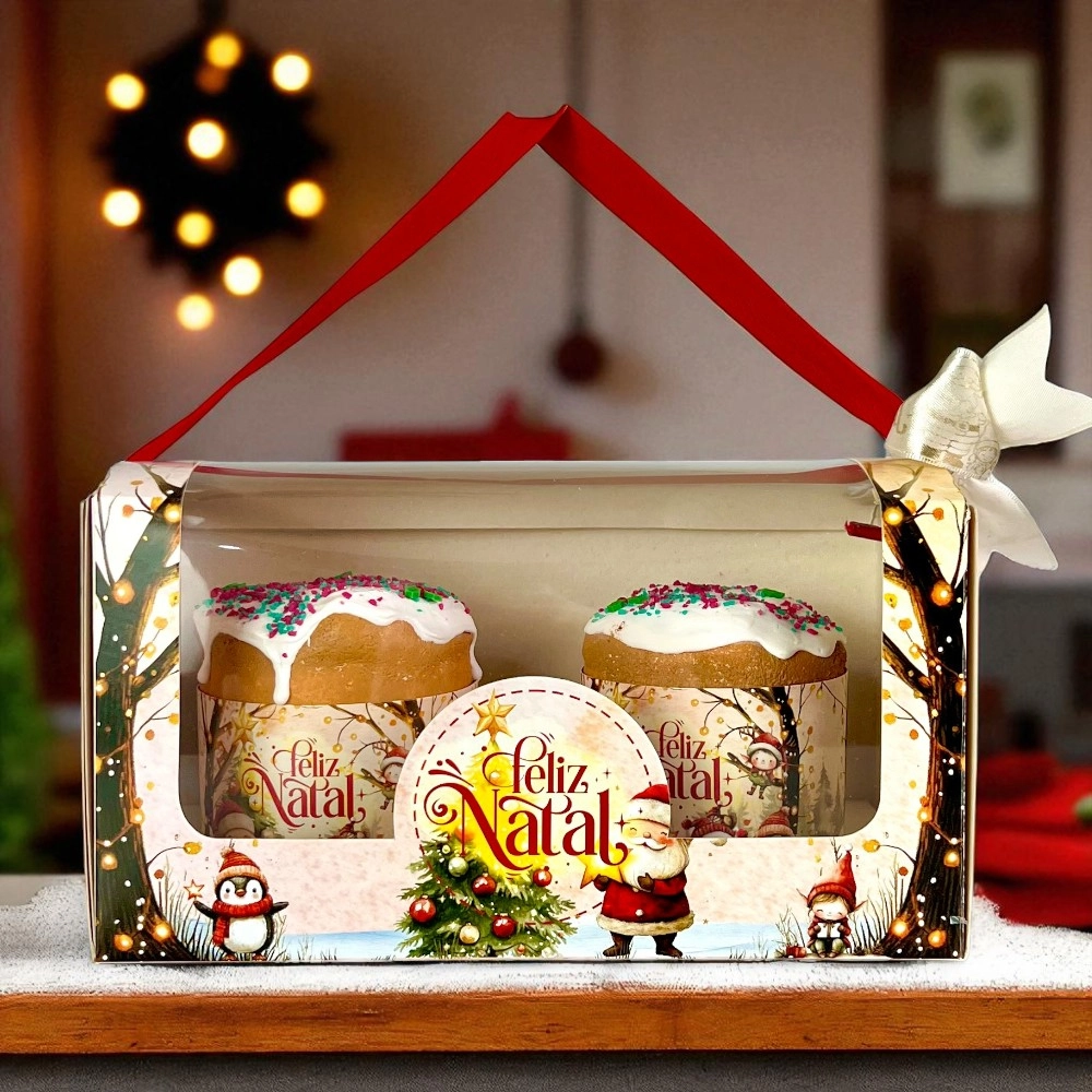 10 Caixas para 2 panetones de 100g c/ alça - Coleção Vila do Noel - Natal 2025