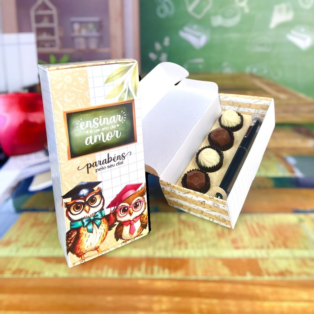5 Embalagens para Caneta + 4 brigadeiros - Dia dos Professores - Coleção CORUJAS