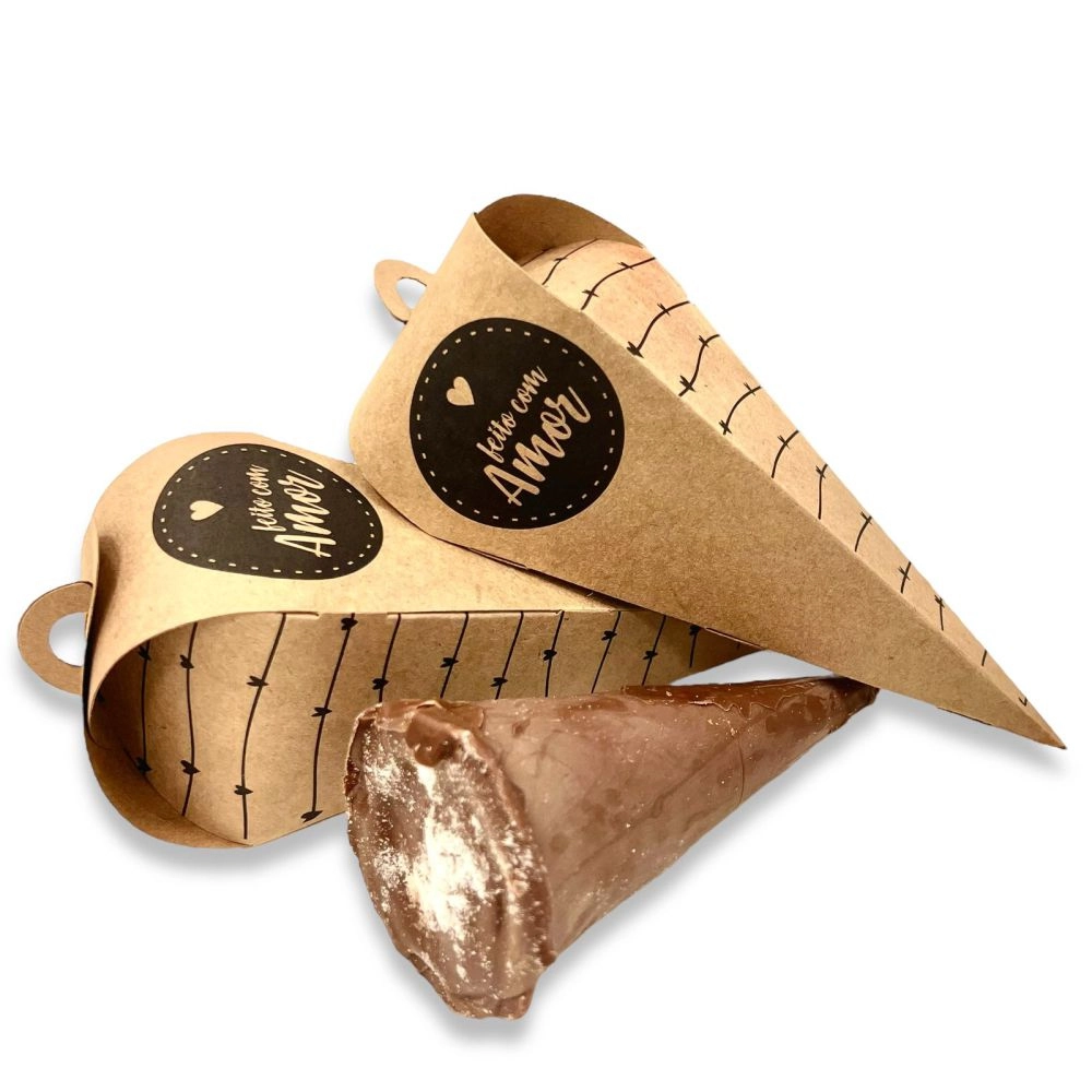 50 Embalagens para Cone Trufado - Coleção Feito com Amor - Branco ou Kraft