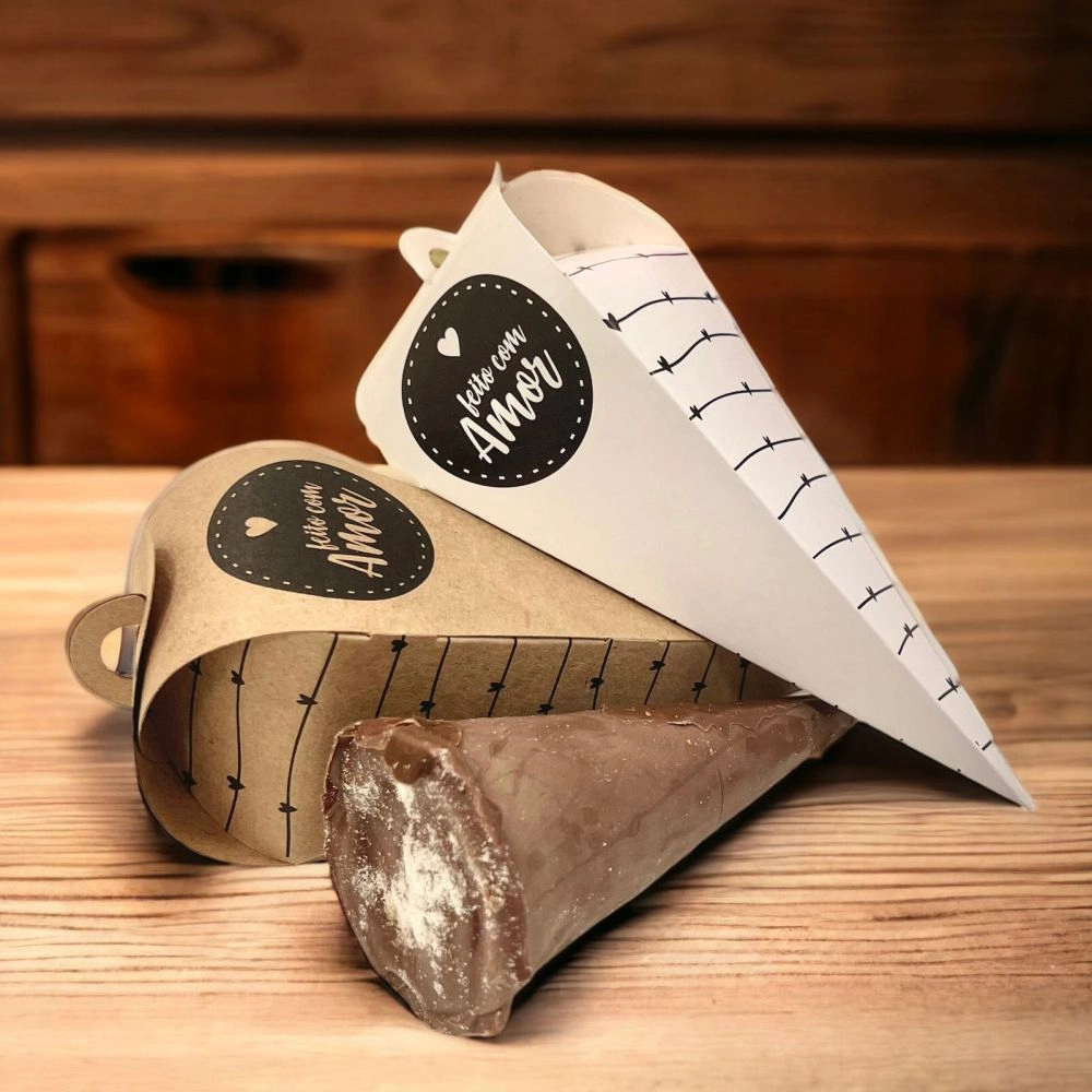 50 Embalagens para Cone Trufado - Coleção Feito com Amor - Branco ou Kraft