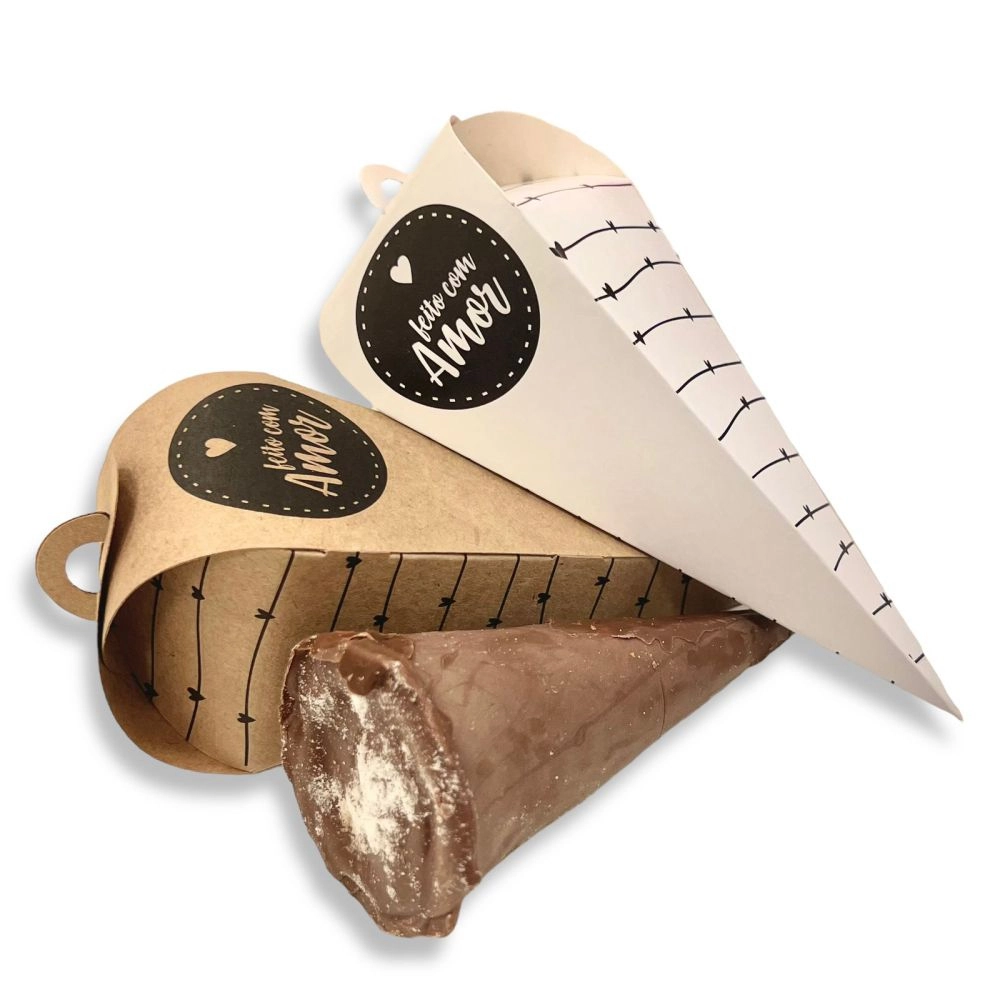 50 Embalagens para Cone Trufado - Coleção Feito com Amor - Branco ou Kraft