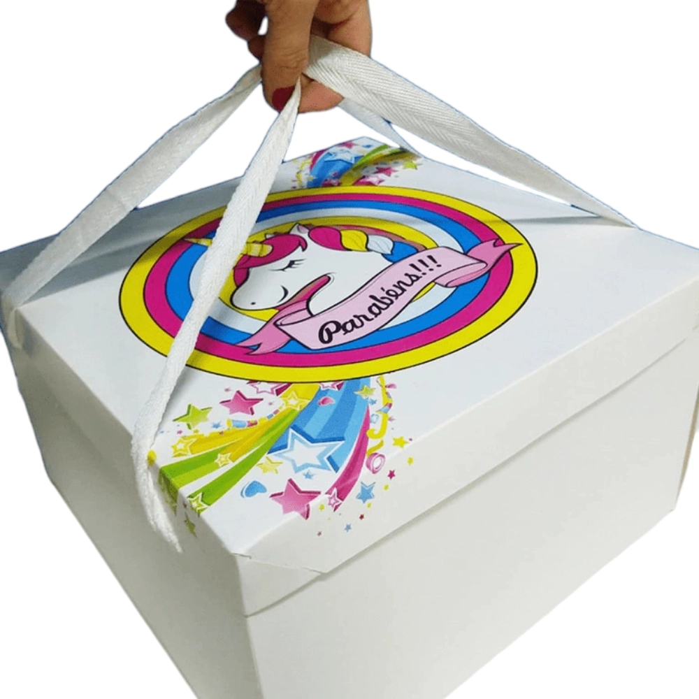 1 Caixa para Bolo ou Festa na Caixa 27x27x16 com alça em gorgurão - Unicórnio